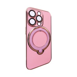 Hard Silicone Case with Camera Shield and Support Ring for Apple iPhone 15 Pro Pink